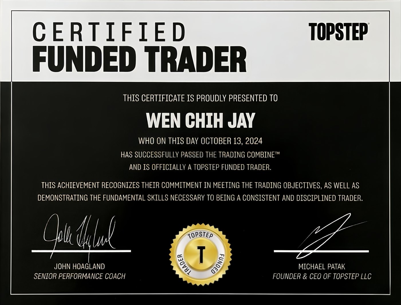 TOPSTEP Certified Funded Trader 證書，受證人 WEN CHIH JAY